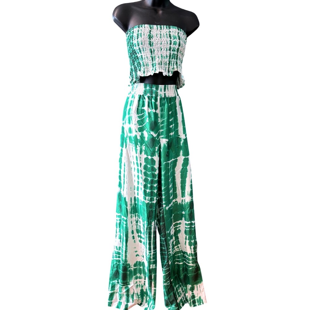 Green Tie Dye 2 Piece Set Boho Smocked Tube Top & Wide Leg Pants XL NWOT